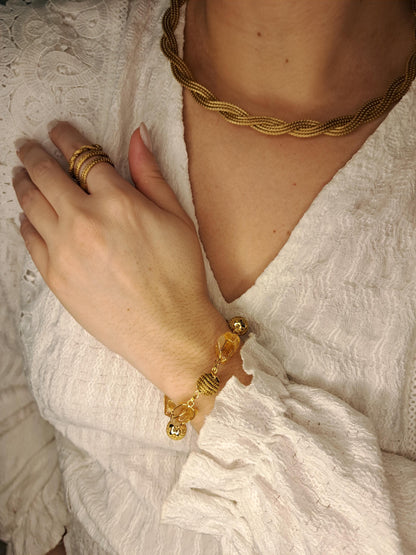 Bracelet en citrine naturelle et boules tressées en Capim Dourado (or végétal), bijou artisanal du Brésil